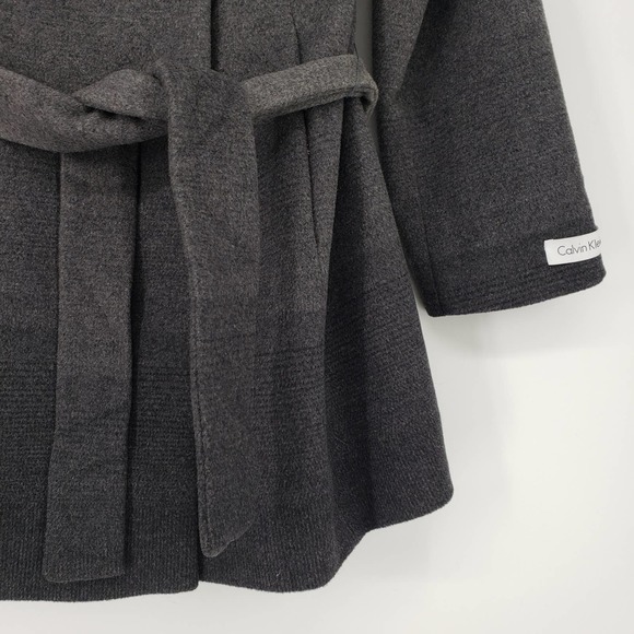 Calvin Klein Wool Blend Wrap Coat 8 Belted Long Sleeve Ombre Pattern Gray Black - Picture 8 of 11